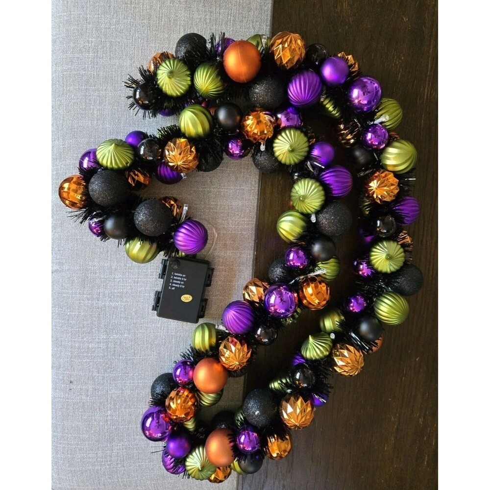 Hay & Harvest 6' Lit Shatterproof Halloween Ornament Garland Black Purple Green